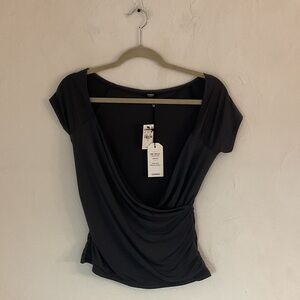 Express Body Contour Collection Compression Faux Wrap Top, M, Dark Gray, NWT